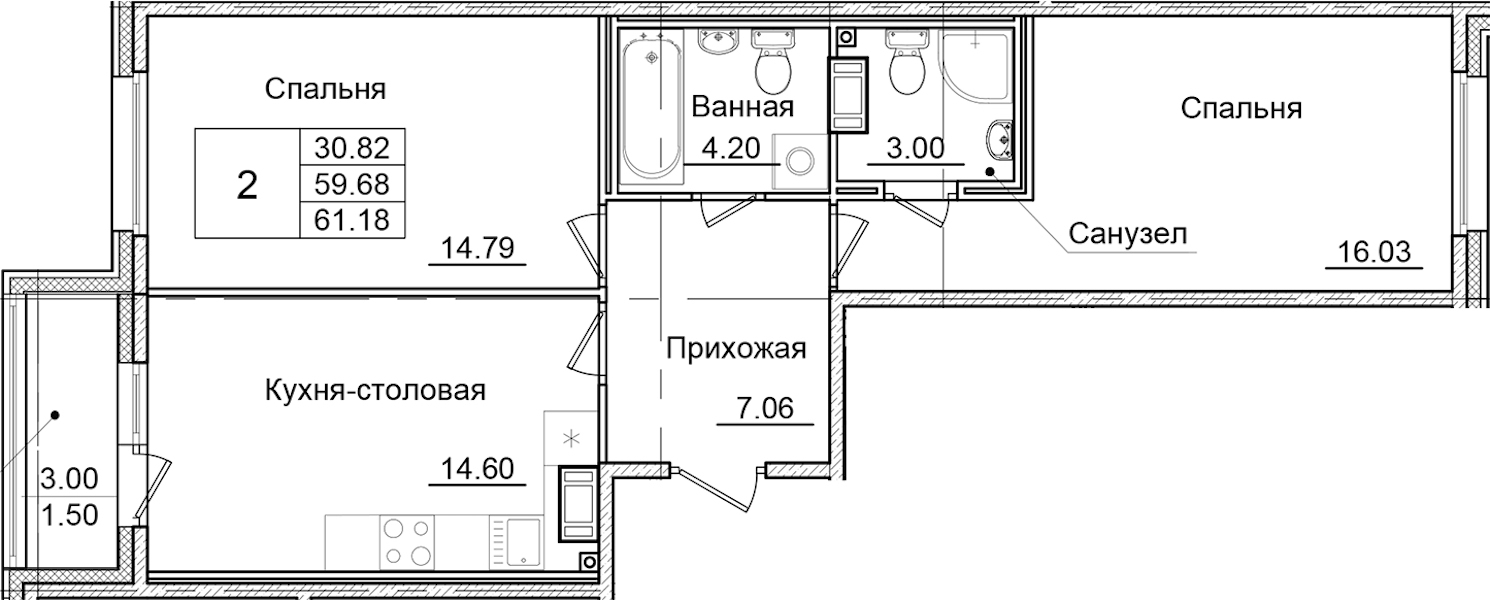 2-комнатная квартира 61.18 м², 9/9 эт., ЖК «Квартал Заречье»
